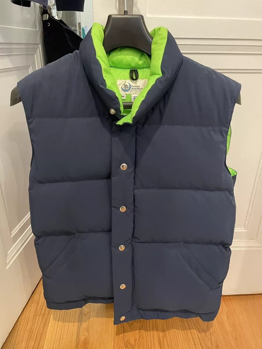 Crescent Down Works Sz. Med winter vest. Lime green. Navy Blue. Made in USA.