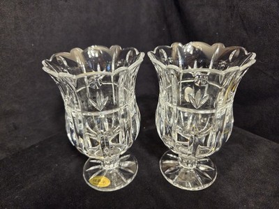 Pair Of Block Crystal Tulip Garden Footed Open Hurricane Vase Candleholders 