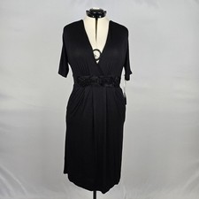 DownEast Dress Women XL Black Elegant 1/2 Sleeve Wrap V-Neck Rose Accents NWT