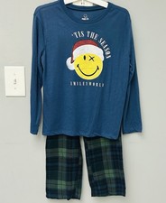 Smiley World Boys L 10-12 Blue Plaid Christmas Long Sleeve Pajama Set 2pc New