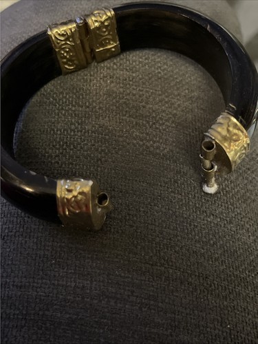 Vintage Rinder Messing Zugnadel Scharnier Armreif dunkelbraun klobig Ethno Armband! - Bild 7 von 9