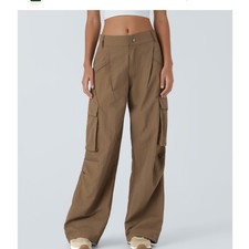 Halara Mid Rise Button Zipper Side Pocket Wide Leg Cargo Size Small Brown NWT