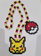 Kandi Perler Pony Beads POKEMON PIKACHU & POKEBALL NECKLACE  Rave Fanmade-NEW
