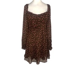 New Lulus Women’s Large Brown Pink Floral Cottagecore Milkmaid Mini Dress