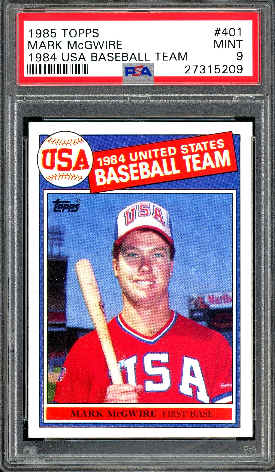 1985 Topps - Team USA Mark McGwire #401 RC PSA 9 MINT CENTERED view 1