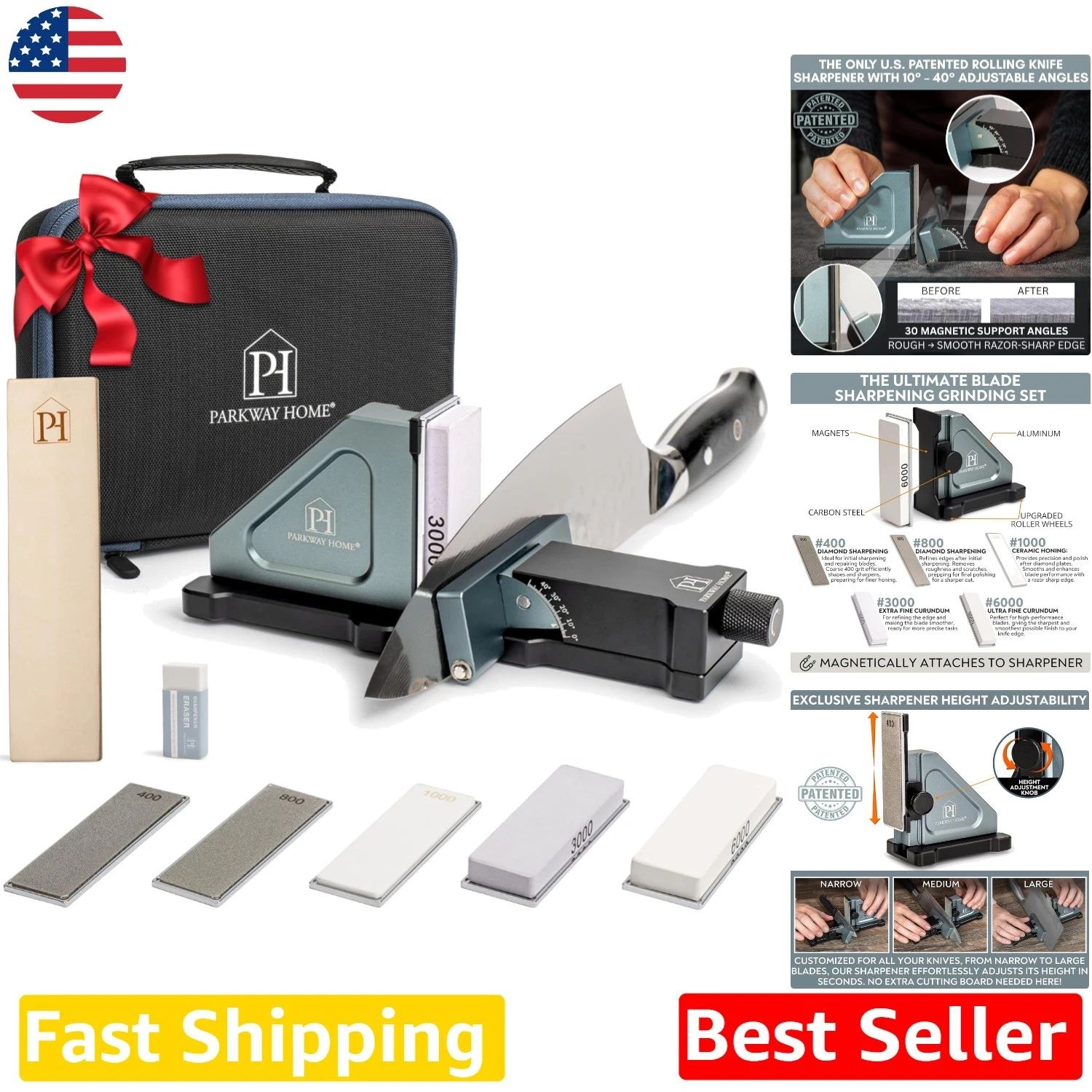 Professional Rolling Knife Sharpener - Adjustable Height, 30 Angle, 5 Whetstones