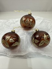 Modern Amber Glass Christmas Ornaments Set of 3   Gold Leaf/Tree Design