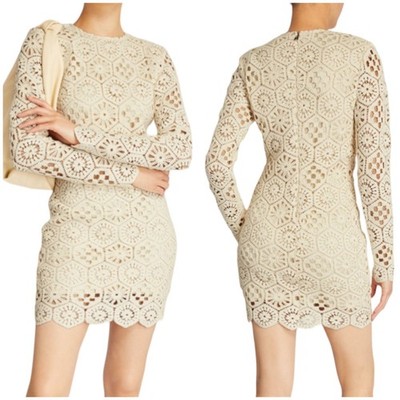 ROTATE NWT Crochet Cotton Erna Mini Dress Size 8 Long Sleeve Sheath Boho Ivory