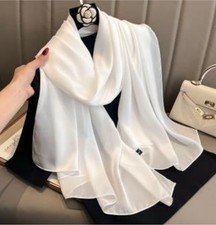 Rectangular White Silk Plaid Scarf 70" X 35"