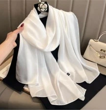 Rectangular White Silk Plaid Scarf 70" X 35"