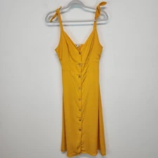 Haute Monde Smocked Midi Dress Size S Yellow Button Up Tie Sleeve V-neck Cottage