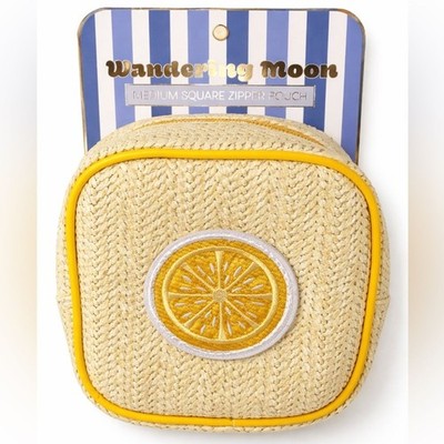 Wandering Moon NWT Lemon Square Zip Pouch Yellow Woven Straw Style Makeup Bag A