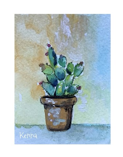 ACEO Art By Kenna Gouache Painting Cactus 2.5”X 3.5” Signed Original ÀTC