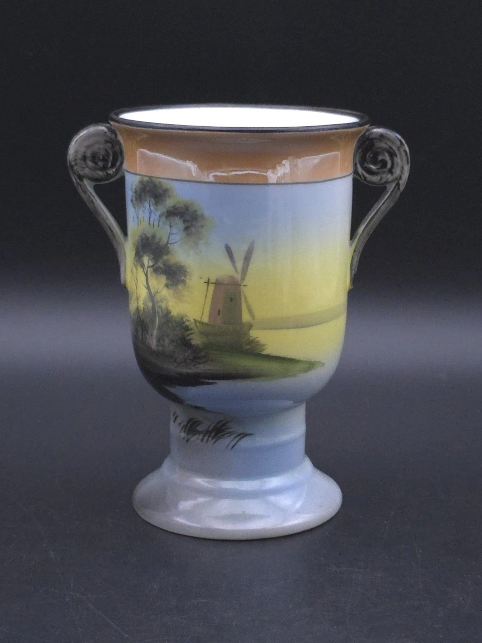 Noritake Porcelain Hand Painted Windmill Scene Handled Vase