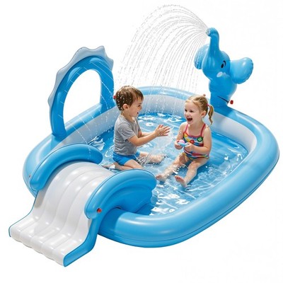 Elephant Pool with Slide and Sprinkler, Inflatable Play Center with 4 Rings, ...
