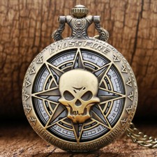 Vintage Hollow Skull Head Men Women Quartz Analog Pocket Watch Sweater Chain