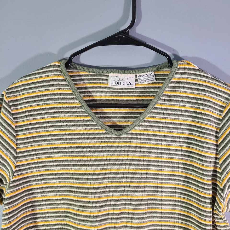 Basic Editions Shirt Women's Sz M V-Neck Green Yellow Striped Short Sleeve - Image 2 of 4