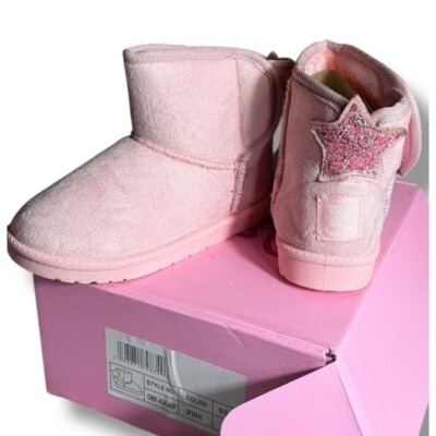 NIB Olivia Miller Girl Pink Star Ugg Boots Winter Warm Booties Sz 2 Hook & Loop