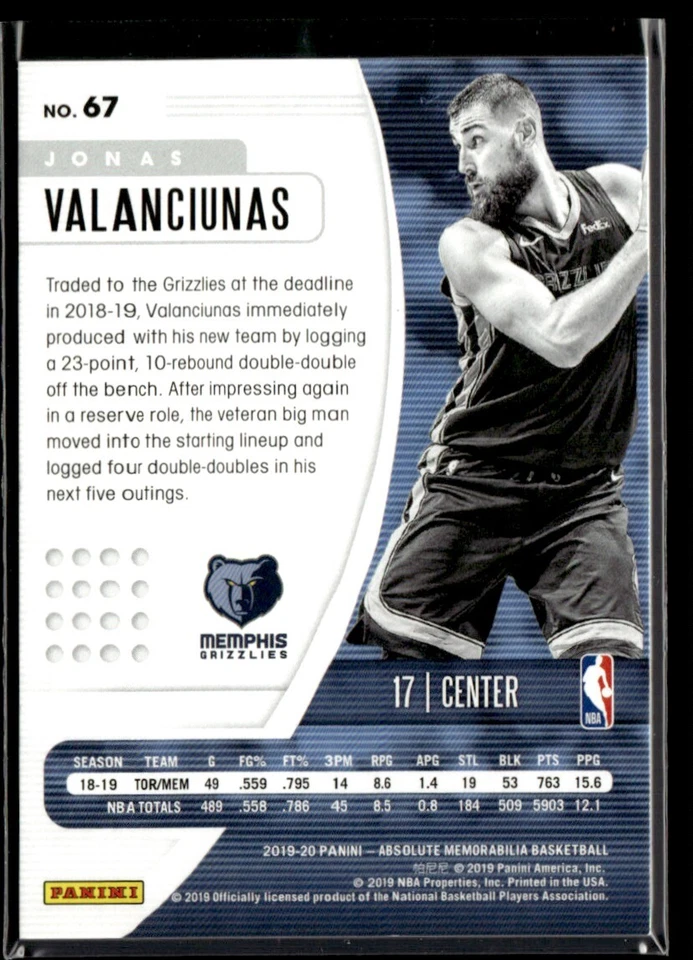 2019-20 Panini Absolute Memorabilia Red Jonas Valanciunas /199 #67 - Image 2 of 2
