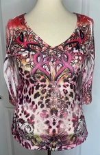 One World PM, Multi Color Jewelled Pink Breast Cancer Ribbon V Neck T Shirt