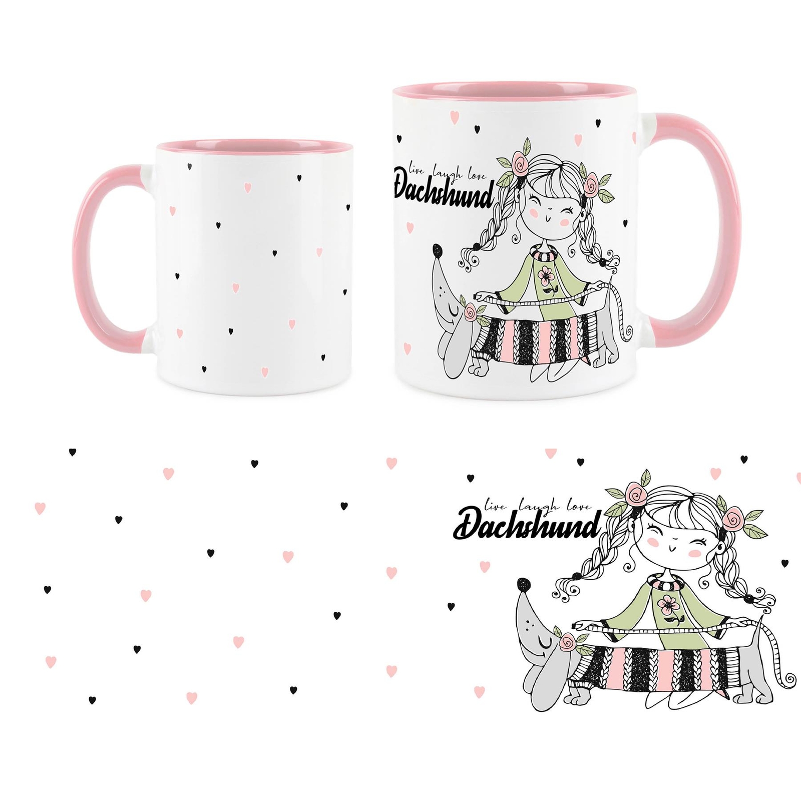 Dachshund Ceramic Mug - Novelty Sausage Dog Live Laugh Love Pink Ceramic Cup