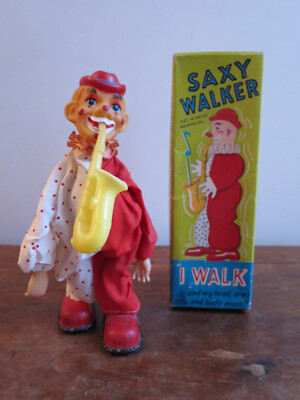 Rare Automate Clown Jouet Mécanique Saxy Walker, Avec Sa Boîte D'origine