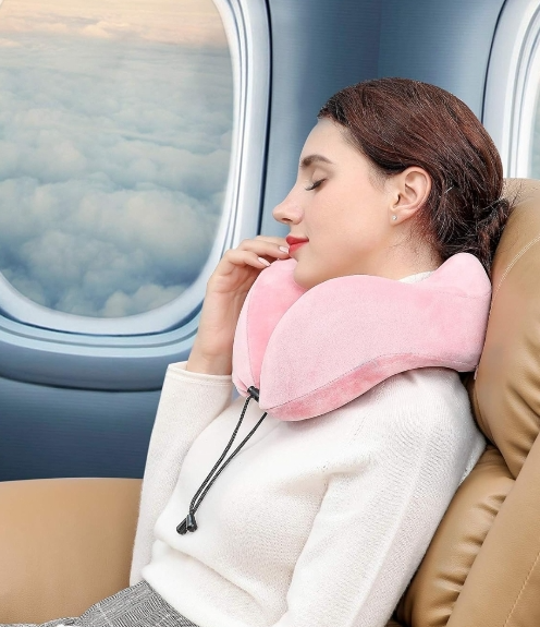 Memory Foam Travel Neck Pillow with Breathable Eye Mask and Ear Plugs for Comfort