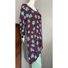 LOGO Lori Goldstein Purple Multiprint Panel Sharkbite Scoop Slub Relaxed Top XL