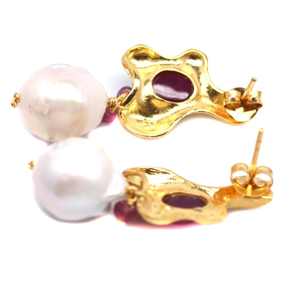 925 Sterling Silver 18K Gold Plated White Baroque Pearl & Red Ruby Earrings - Image 3 of 4