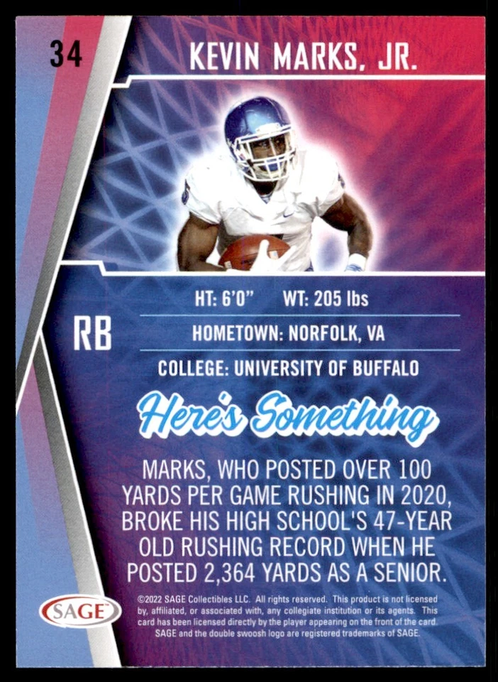 Kevin Marks Jr. 2022 SAGE HIT Rookie RC Card ! #34 Buffalo Bulls - Image 2 of 2