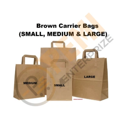 KRAFT PAPER SOS CARRIER BAGS BROWN WITH FLAT HANDLES /TAKEAWAY /GIFTS QUICK POST