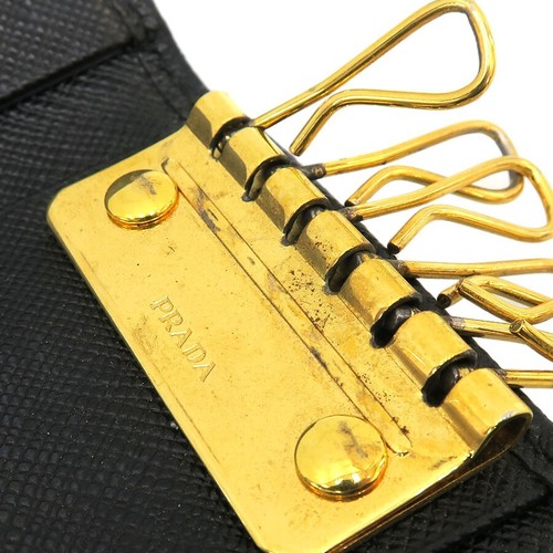 PRADA 6 Key Hooks Key Case Triangle Logo Gold Har Leather Black Authentic - Picture 5 of 9