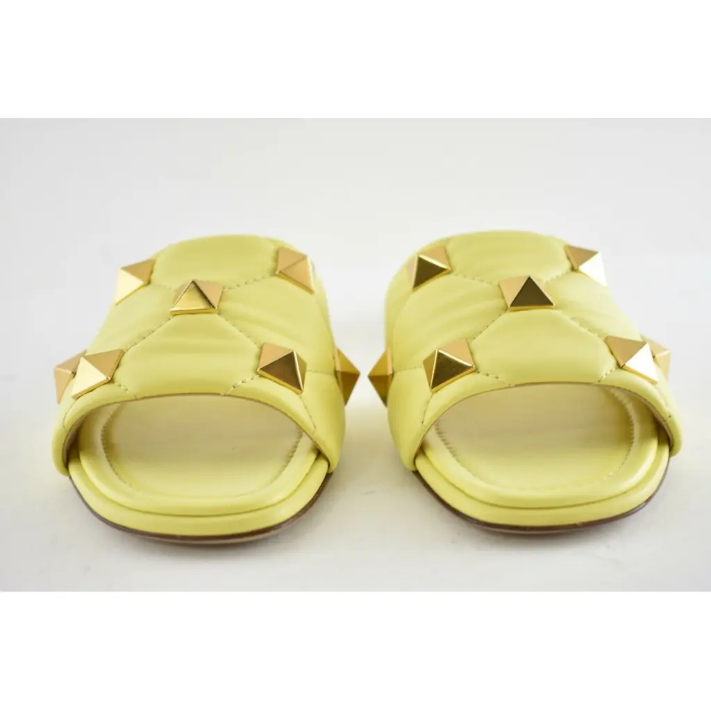 Valentino Rockstud Roman Stud Lime Yellow Leather Quilted Slide