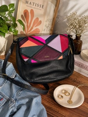 Fossil Geometric Patchwork Leather Shoulder Bag   Colorblock Boho Purse