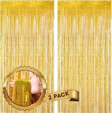 2 Pack Laser Gold Foil Fringe Backdrop Curtains, Tinsel Streamers Birthday Party