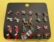 Earrings Christmas Santa Hat Candy Canes Presents Snowman New Set Of 12 Holiday