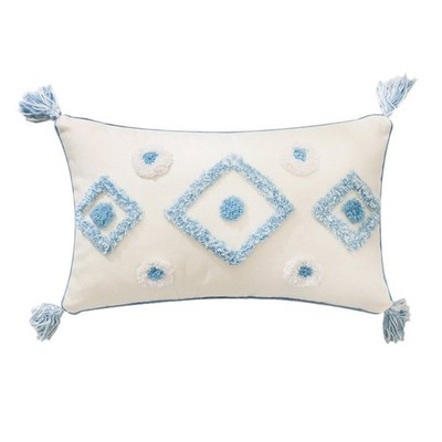 Moroccan Tassel Pillow for Case Woven Tufted Blue Cream Diamond Pompom Cushion C