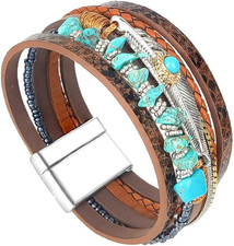 Boho Western Leather Wrap Turquoise Bracelet Multi-Layer Bangle Jewelry Women