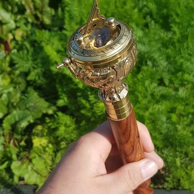 Handmade Wooden Walking Stick with Brass Compass & Sundial Push-Button Handle