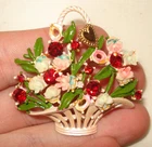 Vintage White Enamel Red Rhinestone Floral Basket Costume Jewelry Brooch Pin