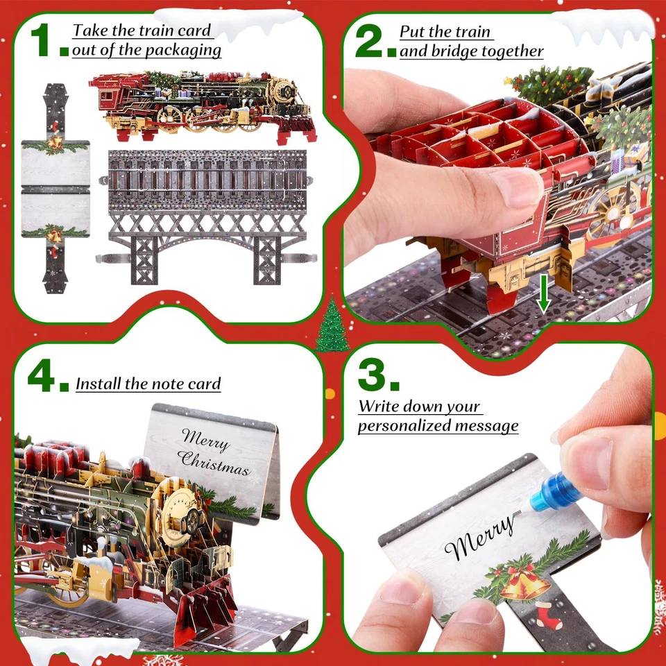 Cartões pop-up de trem de Natal 3D - Design vintage a vapor para amigos da família - Imagem 3 de 4
