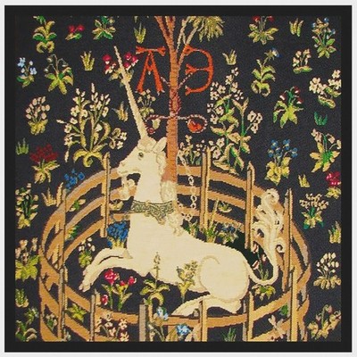 Medieval Unicorn Captivity detail Black Background Counted Cross Stitch Pattern
