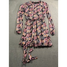 Trixxi Womens XS Floral Chiffon Mini Dress Mock Neck Long Sleeve Tie Waist Pink