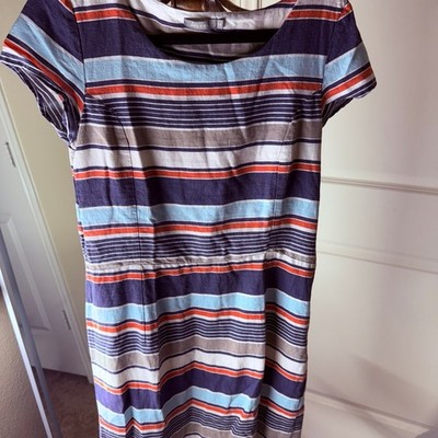 EUC- Lily & Me Striped Linen Blend Midi Dress - Blue, orange, White- Size Small