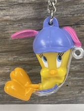 Vintage Tweety Bird Keychain Wearing Purple Baseball Hat Keyring