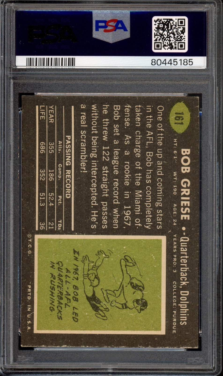 1969 Topps #161 Bob Griese PSA 5 Vintage Miami Dolphins HOF Football Card (5185) view 2