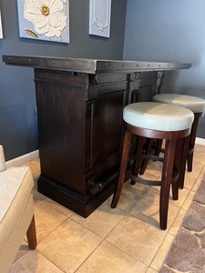 Dark Brown Wood Bar Cabinet with Glass Doors, Outlets, 2 Stools