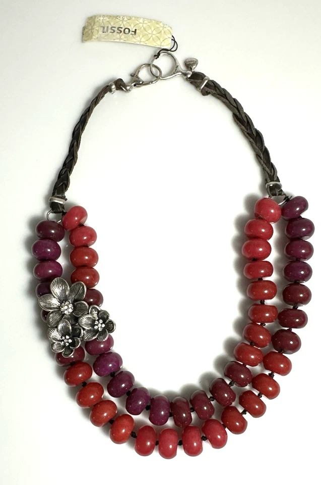 Новый ископаемого совершенно винтажный цветок коренастый бусина ожерелье серебристого тона/ягоды/кожа - Изображение 3 из 4