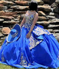 Blue Gold Formal Ball Gown Dress with Embroidery and Bow