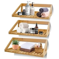 Floating Shelves Wall Mounted, 3 Pcs Solid Bamboo Wall Hanging Rack Holder, 